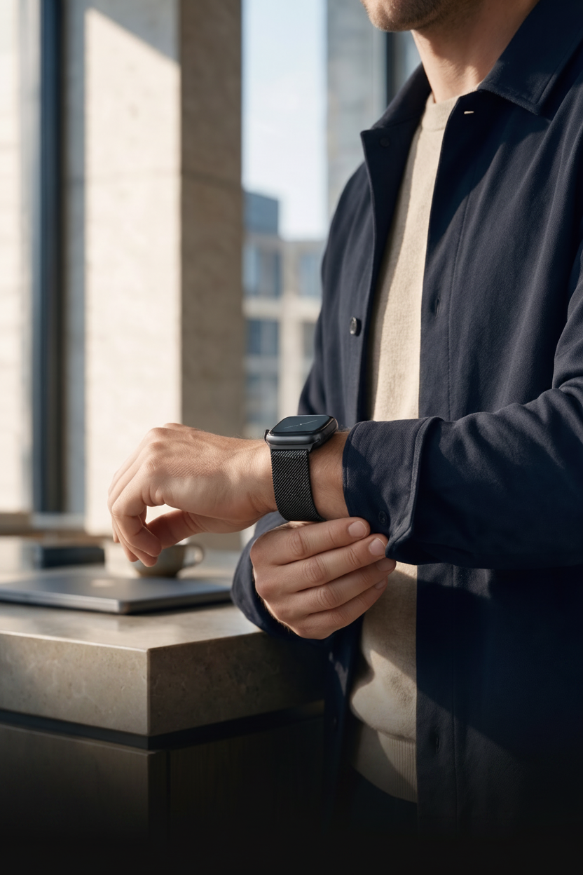 Man in business-casual outfit wearing a black Wristo Milanese Apple Watch band