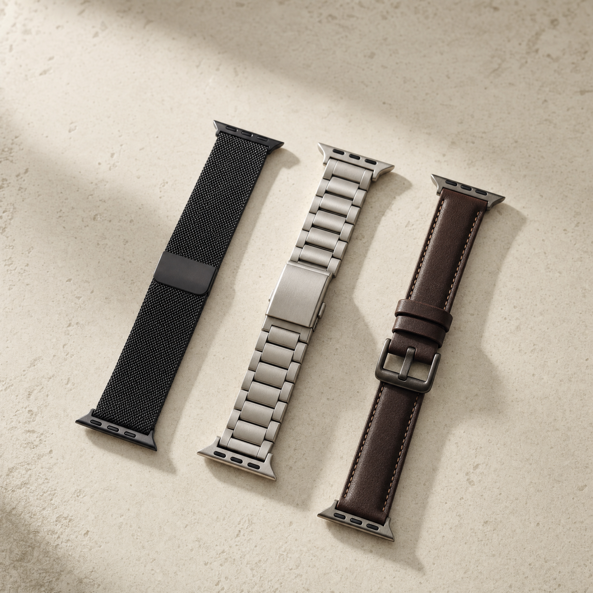 Wristo hero: flat-lay van smartwatchbanden op donkere achtergrond