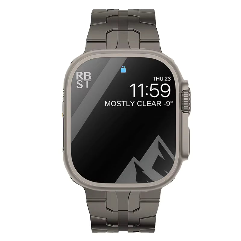 Vooraanzicht van een smartwatch met een robuuste kast en een grijze metalen schakelband op een witte achtergrond. De wijzerplaat toont de tijd 11:59, weersinformatie en een berglandschap.