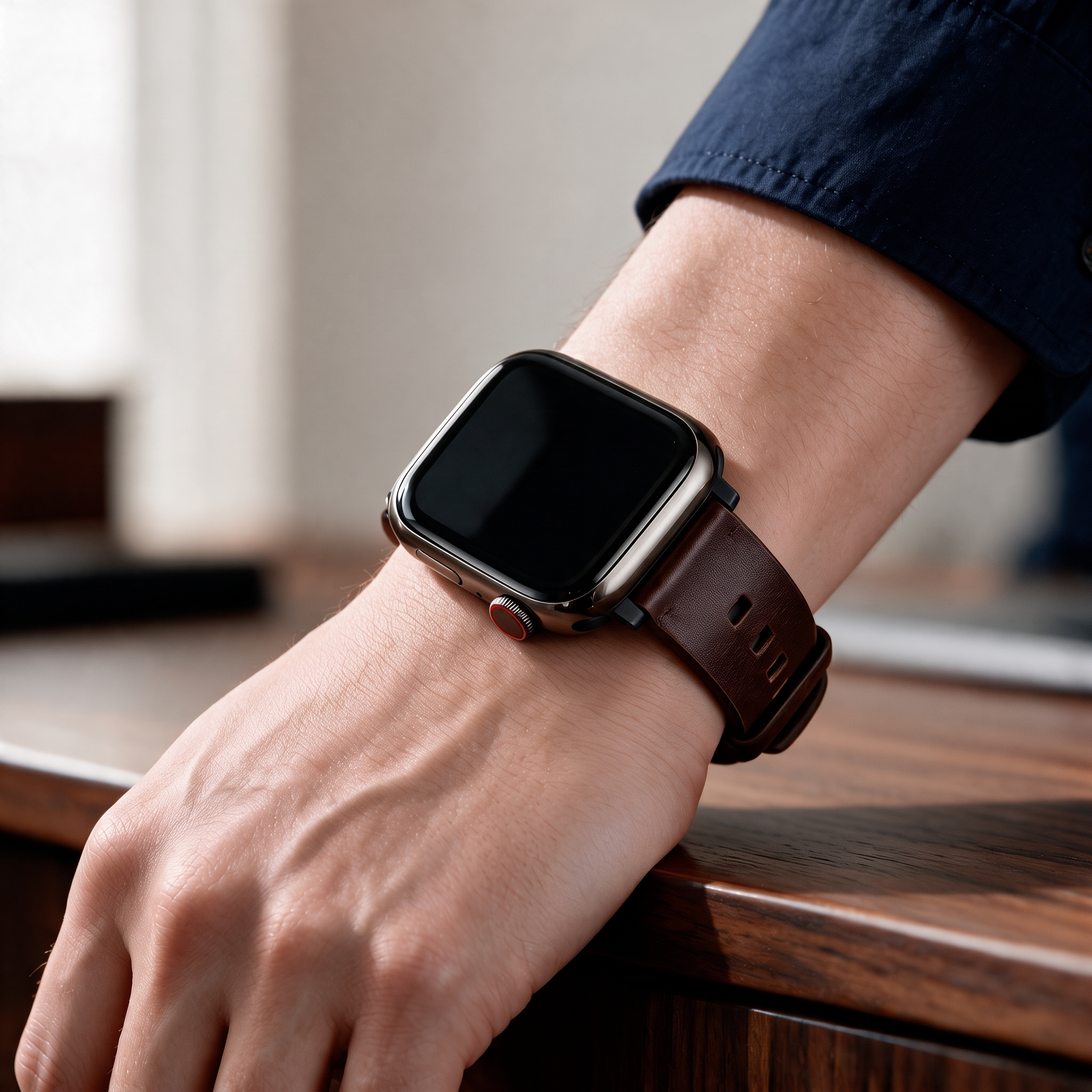 Close-up van een arm in een donkerblauw overhemd, rustend op een houten bureau. Aan de pols wordt een smartwatch gedragen met een donkere horlogekast, een zwart scherm en een klassieke donkerbruine leren horlogeband.