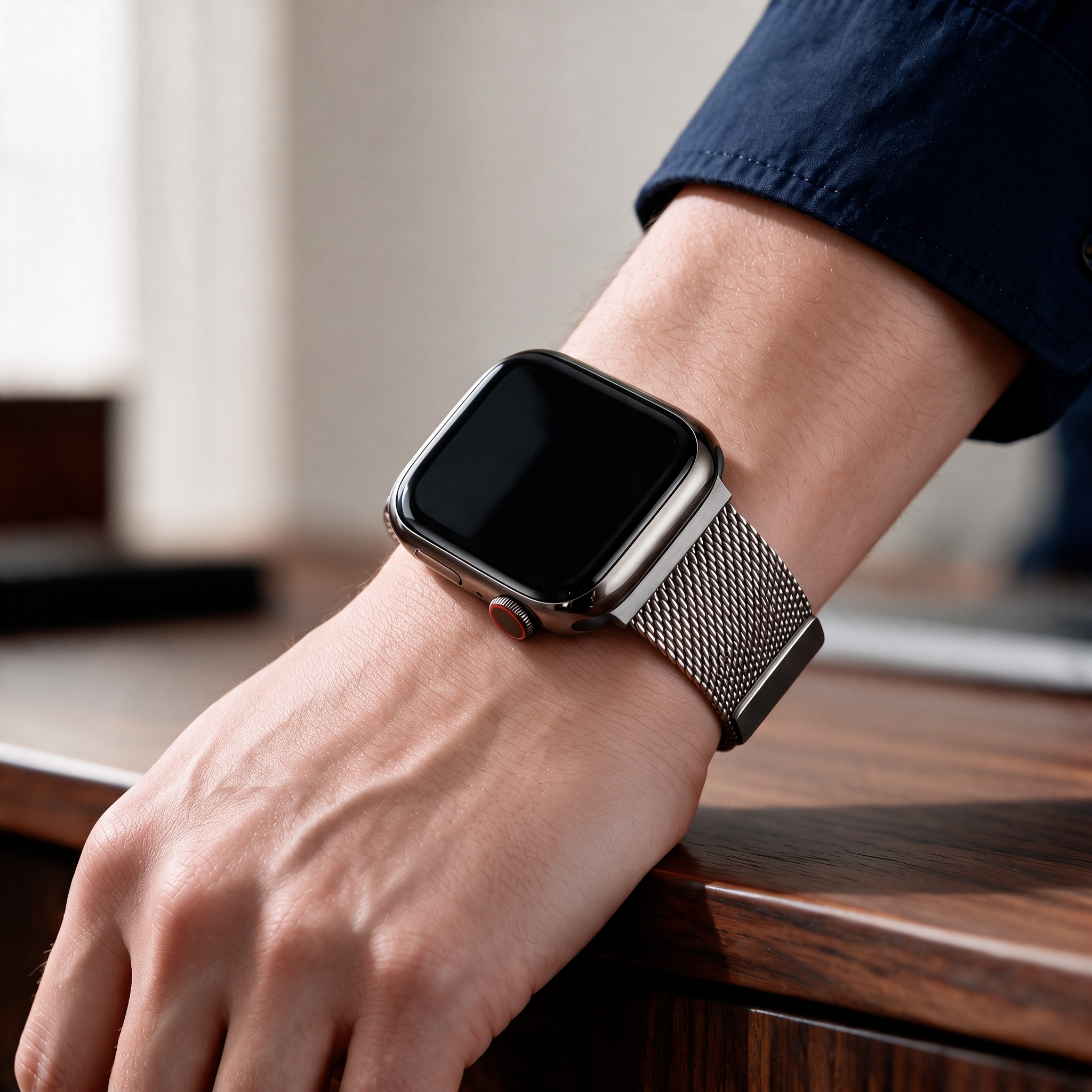 Close-up van een arm in een donkerblauw shirt, rustend op een houten bureau. Aan de pols wordt een smartwatch gedragen met een donkere horlogekast, een zwart scherm en een zilverkleurige of lichtgrijze metalen Milanese horlogeband.