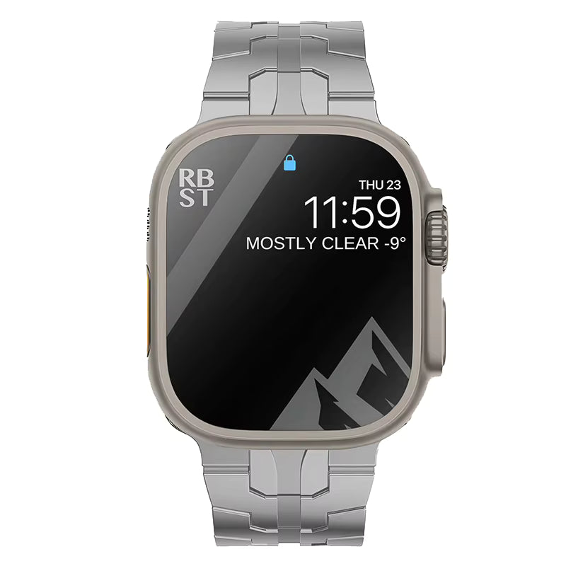 Vooraanzicht van een smartwatch met een robuuste kast en een zilverkleurige metalen schakelband op een witte achtergrond. De wijzerplaat toont de tijd 11:59, weersinformatie en een berglandschap.