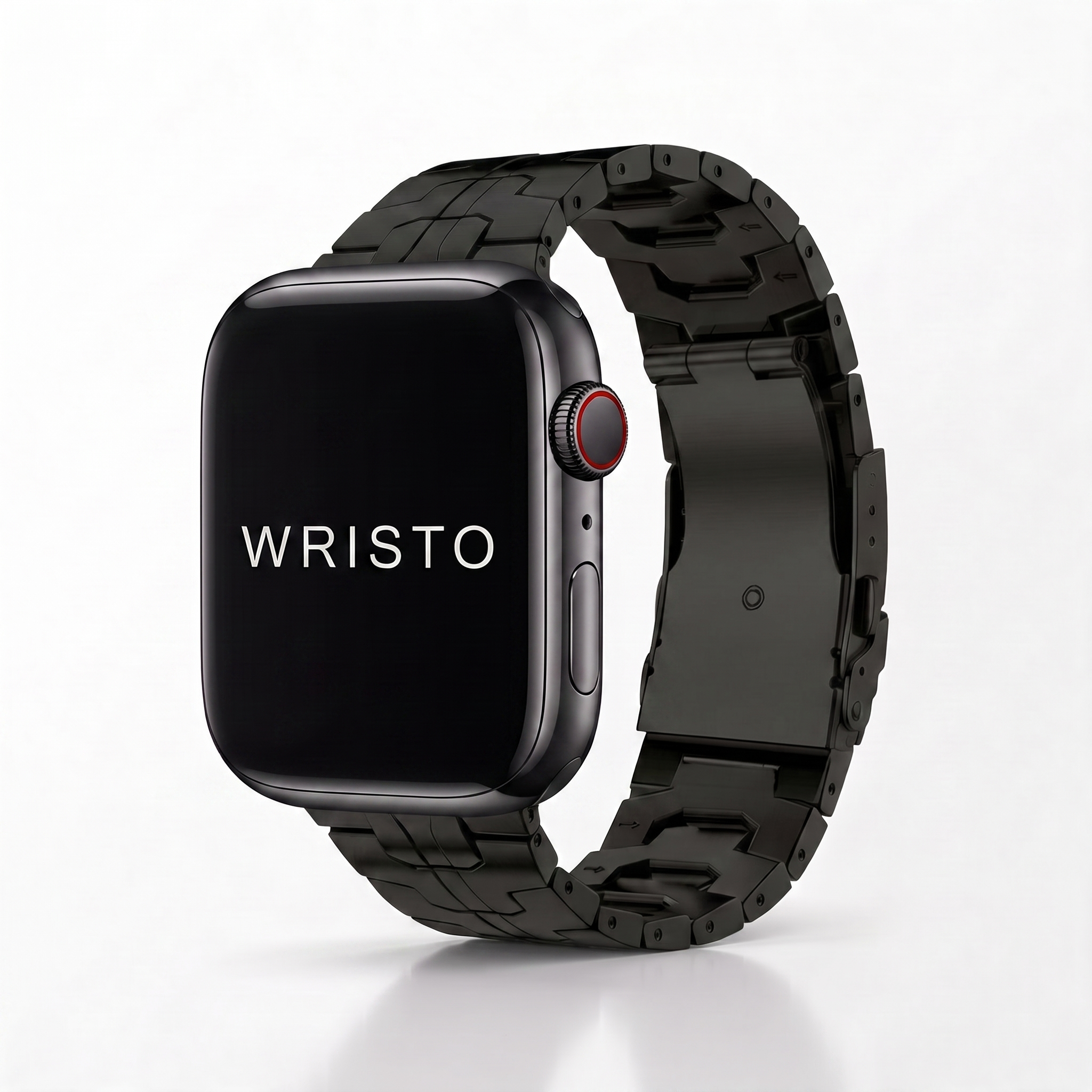 Zijaanzicht van een smartwatch met een zwarte metalen geometrische schakelband, staand op een witte achtergrond met een lichte weerspiegeling. De binnenkant van de vouwsluiting is duidelijk zichtbaar en op het zwarte scherm van het horloge staat de merknaam "WRISTO" in witte letters.