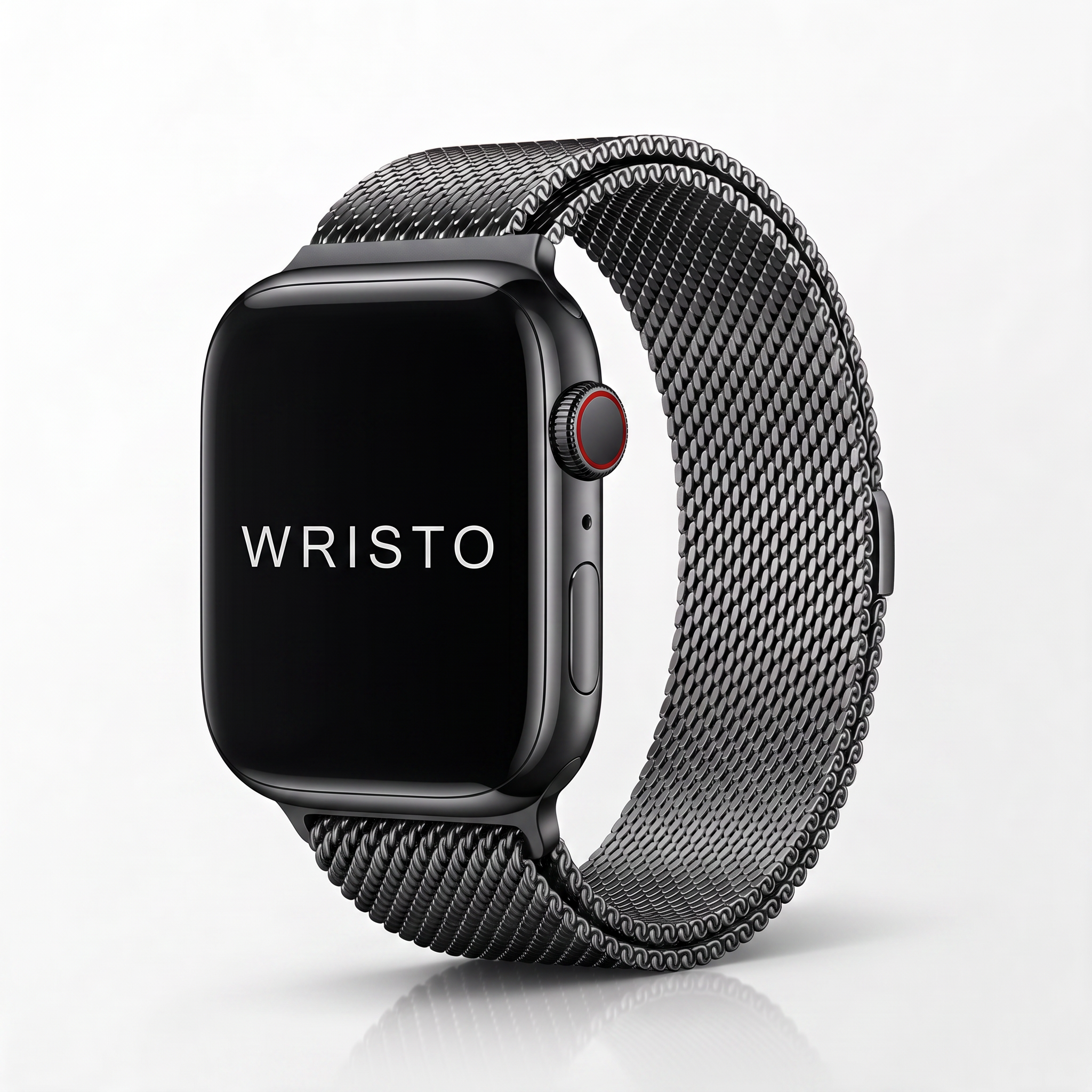 Zijaanzicht van een smartwatch met een zwarte metalen Milanese band (ge-vlochten gaasstructuur) en een magnetische sluiting op een witte achtergrond. Het zwarte scherm toont de merknaam "WRISTO" in witte letters.