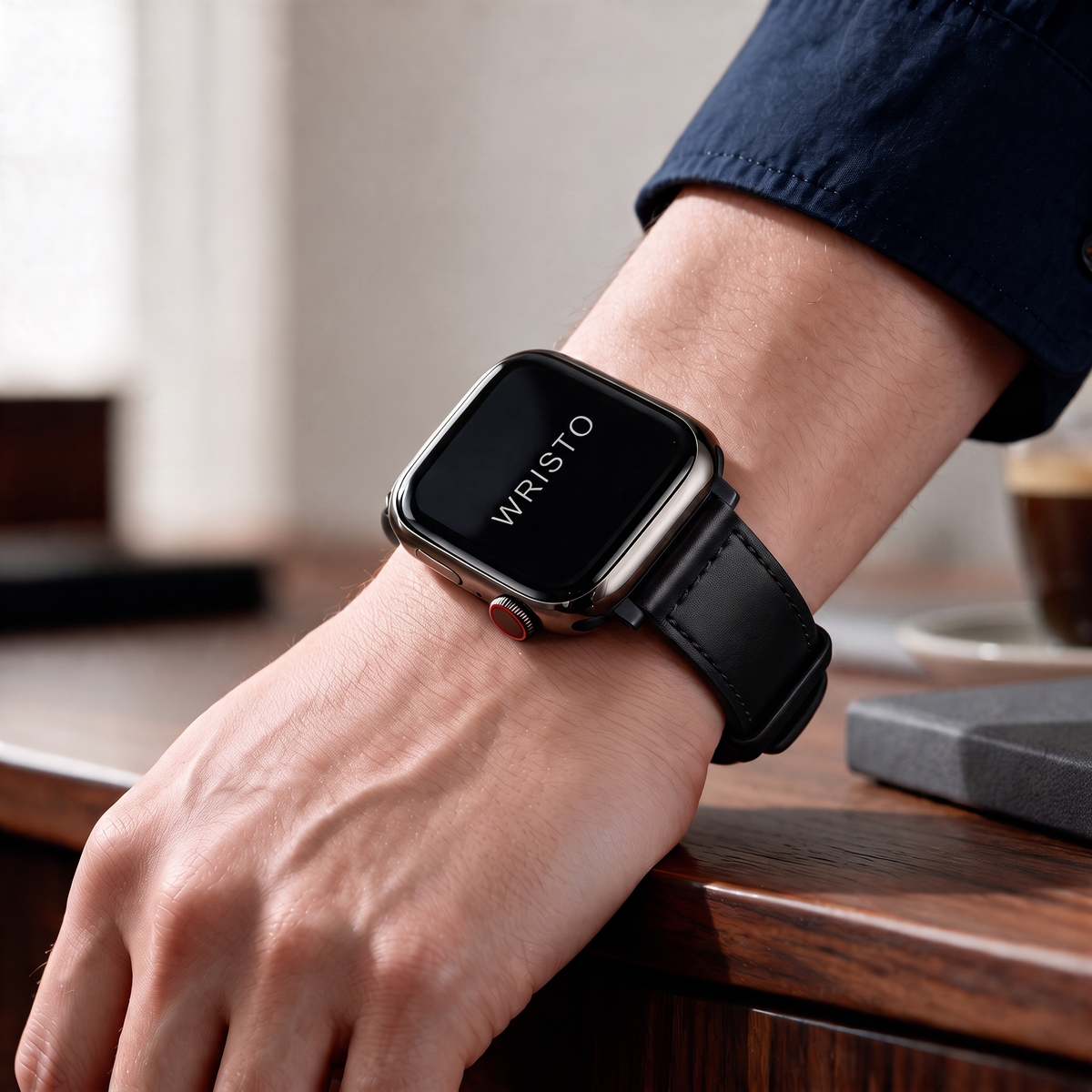 Wristo Modern Leather Apple Watch band worn on the wrist