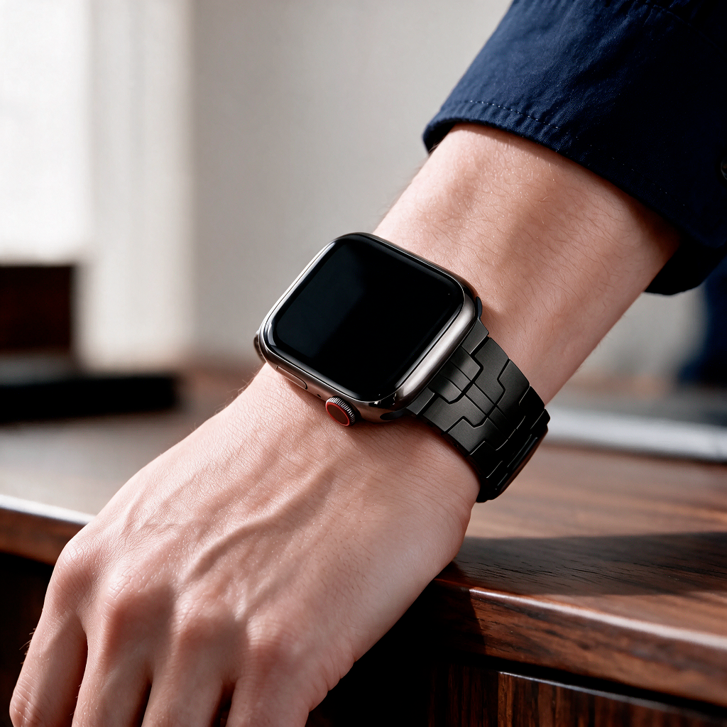 Een close-up van een arm rustend op een houten bureau, met een smartwatch met een zwarte geometrische schakelband en een zilverkleurige horlogekast.
